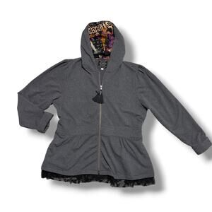 Johnny Was Jade Hoodie Jacket Gray Floral Silk Hood Lace Trim Sz XL